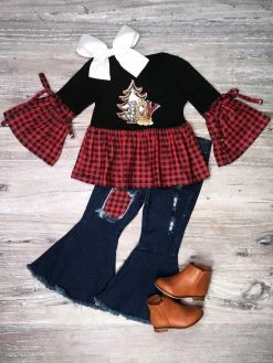 Sydney So Sweet Joy To The World Plaid Glitter Distressed Denim Bells Girls Outfit