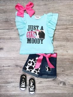 Sydney So Sweet Just Moody Cow Print Denim Girls Shorts Outfit