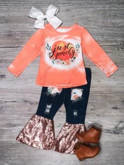 Sydney So Sweet Just Peachy Floral Denim Patch Girls Sequin Bell Bottom Outfit