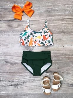 Sydney So Sweet Land Before Time Green Colorful Dinosaur Girls Swimsuit Bikini