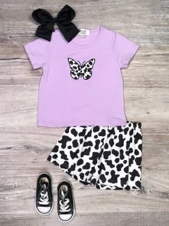 Sydney So Sweet New Arrivals Lavender Butterfly Cow Print Girls Shorts Lounge Set