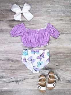 Sydney So Sweet Lavender Butterfly Fields Ruffle High Waisted Girls Swimsuit