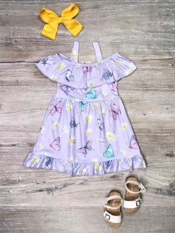 Sydney So Sweet Dresses & Skirt Sets Lavender Butterfly Floral Garden Cold Shoulder Ruffle Girls Dress