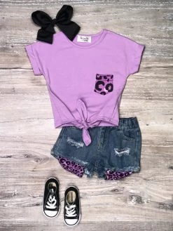 Sydney So Sweet Lavender Leopard Tie Knot Denim Peekaboo Girls Shorts Outfit