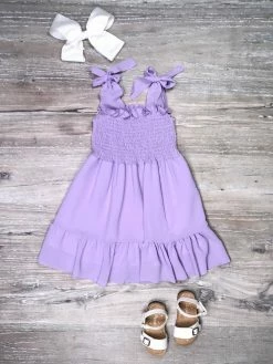Sydney So Sweet Dresses & Skirt Sets Lavender Purple Smocked Tie Babydoll Girls Spring Summer Dress