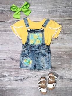 Sydney So Sweet Shorts & Capri Outfits Lemon Drop Yellow Denim Patch Girls Overall Shorts Outfit