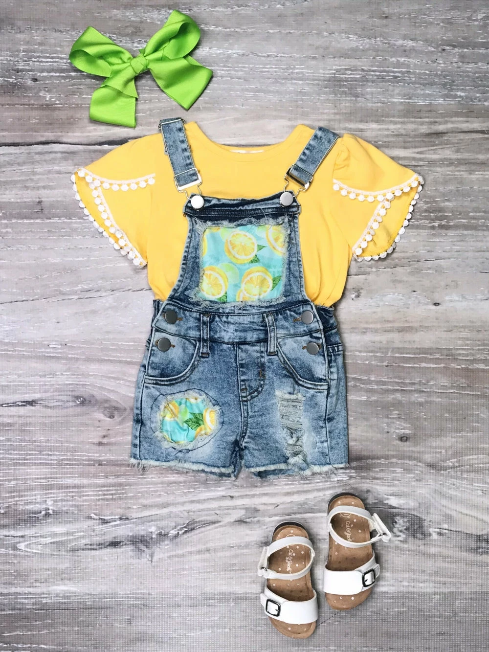 Sydney So Sweet Shorts & Capri Outfits Lemon Drop Yellow Denim Patch Girls Overall Shorts Outfit 1 Sydney So Sweet Shorts & Capri Outfits Lemon Drop Yellow Denim Patch Girls Overall Shorts Outfit