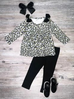 Sydney So Sweet Leopard Love Gray & Black Bow Girls Leggings Outfit 2 Piece Pants Outfits