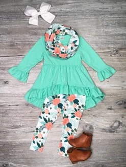 Sydney So Sweet Let It Grow Mint & Orange Floral Hi Lo Ruffle Girls Scarf Outfit
