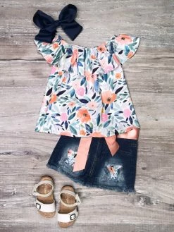 Sydney So Sweet Let Your Dreams Blossom Orange & Blue Floral Denim Girls Shorts Outfit New Arrivals