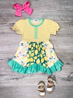 Sydney So Sweet Dresses & Skirt Sets Life Gives You Lemons Yellow & Teal Stripe Girls Dress