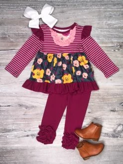 Sydney So Sweet Life In Full Bloom Plum Floral Stripe Ruffle Girls Boutique Outfit