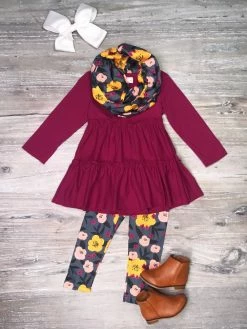Sydney So Sweet Life In Full Bloom Plum Floral Ruffle Girls Scarf Outfit