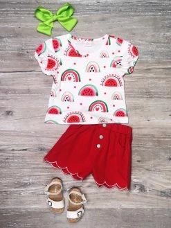 Sydney So Sweet Life Is Sweet Watermelon Rainbow Scalloped Red Girls Shorts Outfit