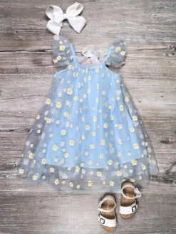 Sydney So Sweet Light Blue Daisy Tulle Girls Flutter Sleeve Summer Dress