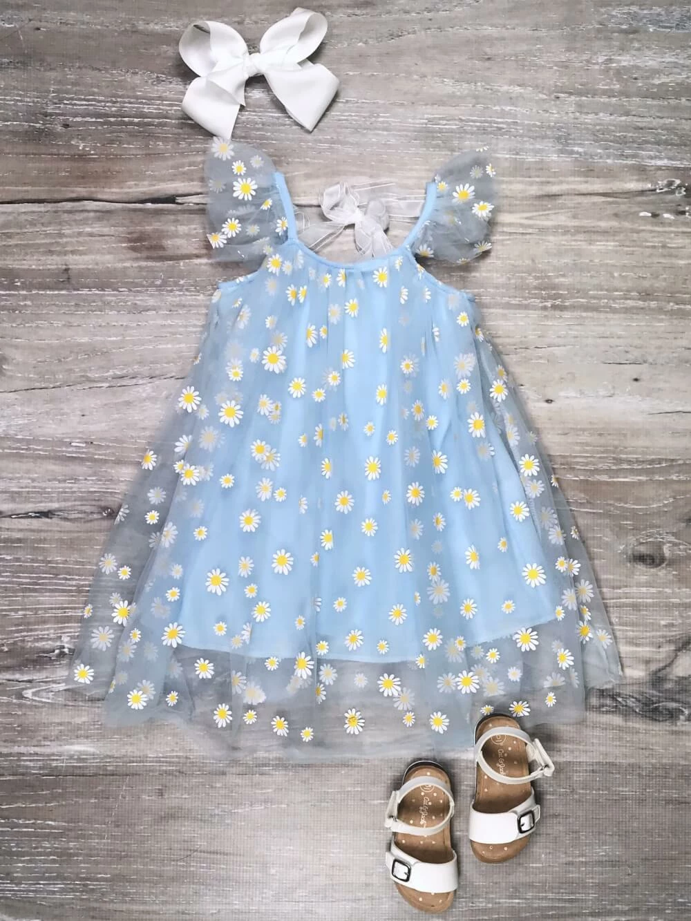 Sydney So Sweet Light Blue Daisy Tulle Girls Flutter Sleeve Summer Dress 2 Sydney So Sweet Light Blue Daisy Tulle Girls Flutter Sleeve Summer Dress
