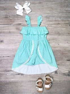 Sydney So Sweet New Arrivals Light Blue & White Polka Dot Ruffle Flyaway Girls Shorts Romper