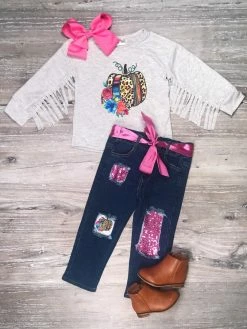 Sydney So Sweet Light Heather Gray Pumpkin Serape Cheetah Fringe Fall Denim Girls Outfit