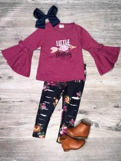 Sydney So Sweet Little Blessing Plum Floral Distressed Leggings Girls Outfit 2 Piece Pants Outfits