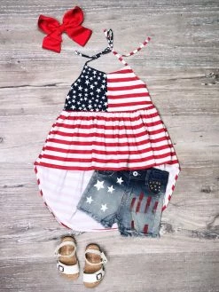 Sydney So Sweet Little Miss America Star Hi Lo Tank Denim Girls 4th Of July Shorts Outfit