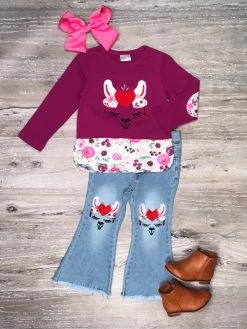 Sydney So Sweet Llama Love Heart Plum Flare Denim Girls Outfit