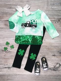 Sydney So Sweet Loads Of Luck Green Sequin Shamrock Patch Girls St. Patrick's Day Outfit