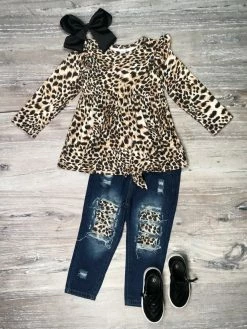 Sydney So Sweet Lost In The Wild Cheetah Ruffle Denim Patch Girls Outfit