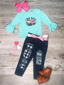 Sydney So Sweet Love Bug Pink Buggie Plaid Denim Patch Girls Outfit