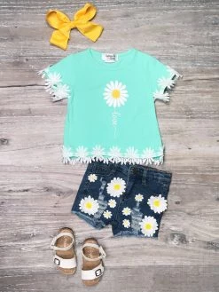 Sydney So Sweet New Arrivals Love Daisy Love Mint Lace Denim Girls Shorts Outfit