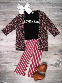 Sydney So Sweet Love Is Kind Cheetah Red Stripe Girls Three Piece Outfit 2 Piece Pants Outfits