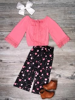 Sydney So Sweet Love Never Fails Pink Polka Heart Wide Leg Girls Outfit 2 Piece Pants Outfits