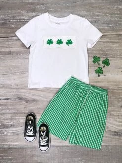 Sydney So Sweet Lucky Dude Shamrock Green Gingham Boys St. Patrick's Day Outfit Shorts & Capri Outfits