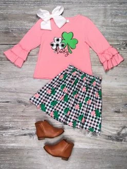 Sydney So Sweet Lucky Girl Shamrock Pink Gingham Girls St. Patrick's Day Skirt Outfit Dresses & Skirt Sets