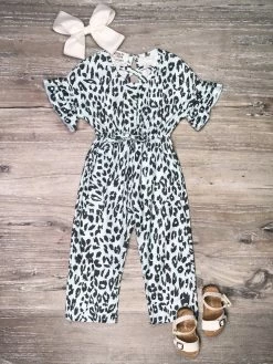Sydney So Sweet Rompers & Jumpsuits Luxe Leopard Gray Blue Ruffle Short Sleeve Girls Jumpsuit