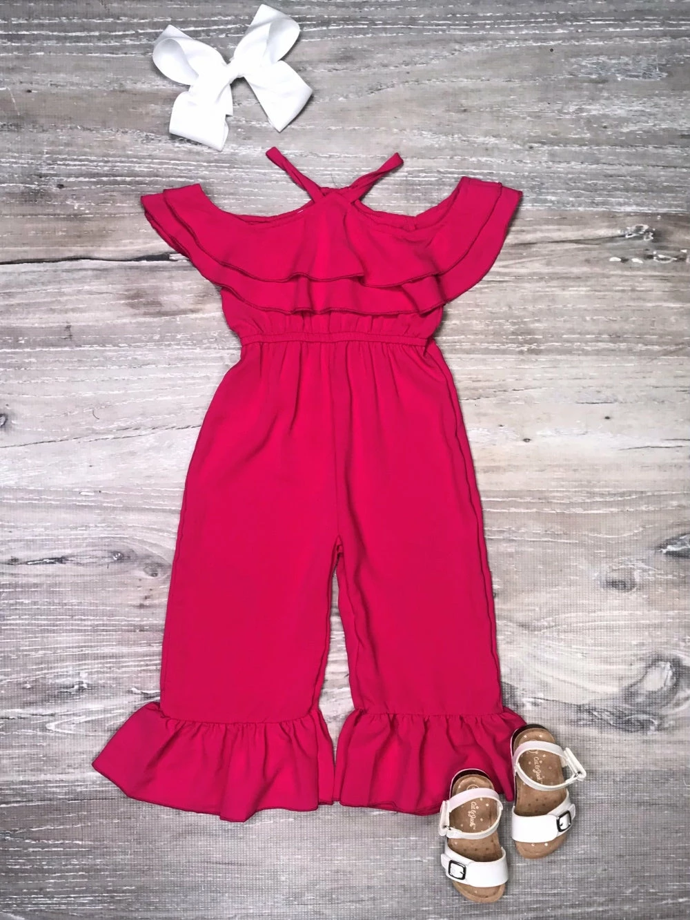 Sydney So Sweet New Arrivals Magenta Pink Cold Shoulder Ruffle Girls Jumpsuit 2 Sydney So Sweet New Arrivals Magenta Pink Cold Shoulder Ruffle Girls Jumpsuit