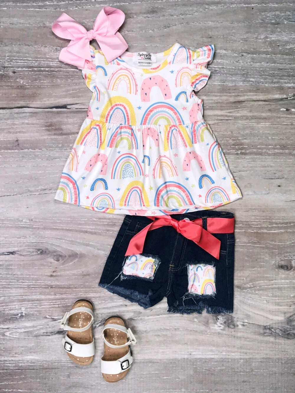 Sydney So Sweet Magical Rainbow Pink & Blue Denim Patch Girls Shorts Outfit New Arrivals 1 Sydney So Sweet Magical Rainbow Pink & Blue Denim Patch Girls Shorts Outfit New Arrivals