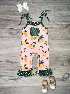 Sydney So Sweet Main Squeeze Citrus Green & Yellow Polka Ruffle Baby Girls Romper