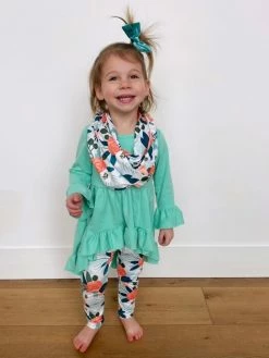 Sydney So Sweet Let It Grow Mint & Orange Floral Hi Lo Ruffle Girls Scarf Outfit