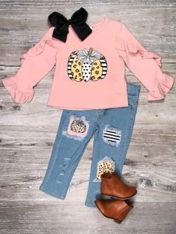 Sydney So Sweet Mauve Pink Retro Pumpkin Ruffle Denim Patch Girls Fall Outfit