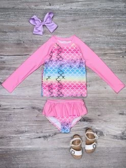 Sydney So Sweet Best Sellers Mermaid At Heart Pink Pastel Rainbow Long Sleeve Girls Swimsuit