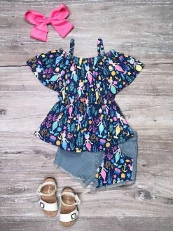 Sydney So Sweet New Arrivals Mermaid Party Blue Cold Shoulder Denim Girls Shorts Outfit