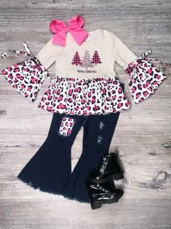 Sydney So Sweet Merry Christmas Pink Cheetah Patch Denim Bells Girls Outfit