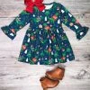 Sydney So Sweet Merry Dino Christmas Navy Blue Flare Girls Holiday Dress Dresses & Skirt Sets
