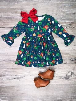 Sydney So Sweet Merry Dino Christmas Navy Blue Flare Girls Holiday Dress Dresses & Skirt Sets