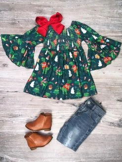 Sydney So Sweet Merry Dino Christmas Smocked Flare Girls Baby Doll Dress Or Top