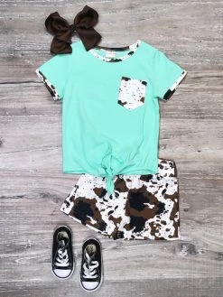 Sydney So Sweet New Arrivals Mint Blue Cow Print Tie Knot Girls Shorts Outfit