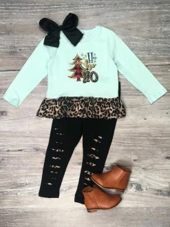 Sydney So Sweet 2 Piece Pants Outfits Mint Cheetah Ho Ho Ho Distressed Leggings Girls Christmas Outfit