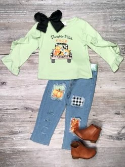 Sydney So Sweet Sage Pumpkin Patch Farm Market Denim Girls Fall Outfit