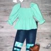 Sydney So Sweet Mint Green Smocked Puffed Sequin Denim Girls Outfit