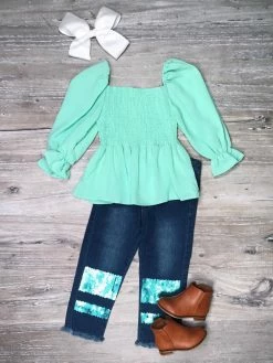 Sydney So Sweet Mint Green Smocked Puffed Sequin Denim Girls Outfit